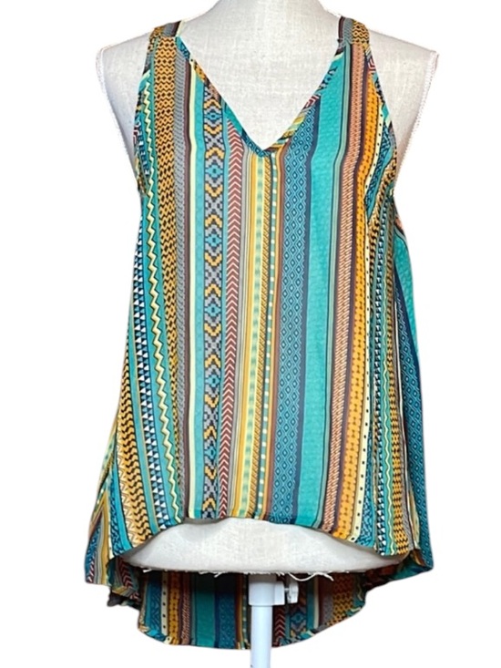 Umgee Tops - Umgee Sheer Teal & Orange Tribal Vertical Striped Tank Top